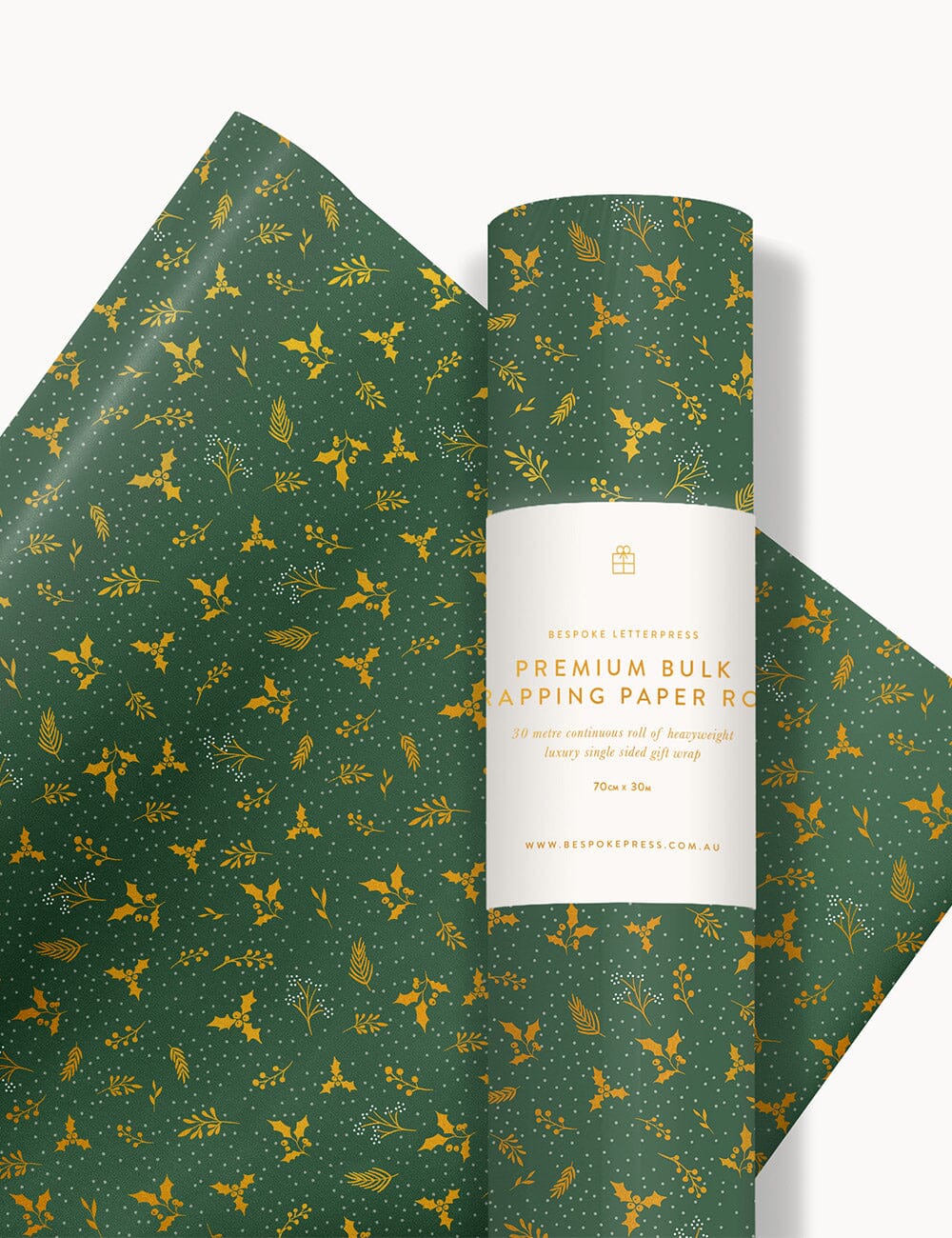 Gift Wrap Roll 30m - Golden Holly (Gold Foil) Gift Wrapping Bespoke Letterpress