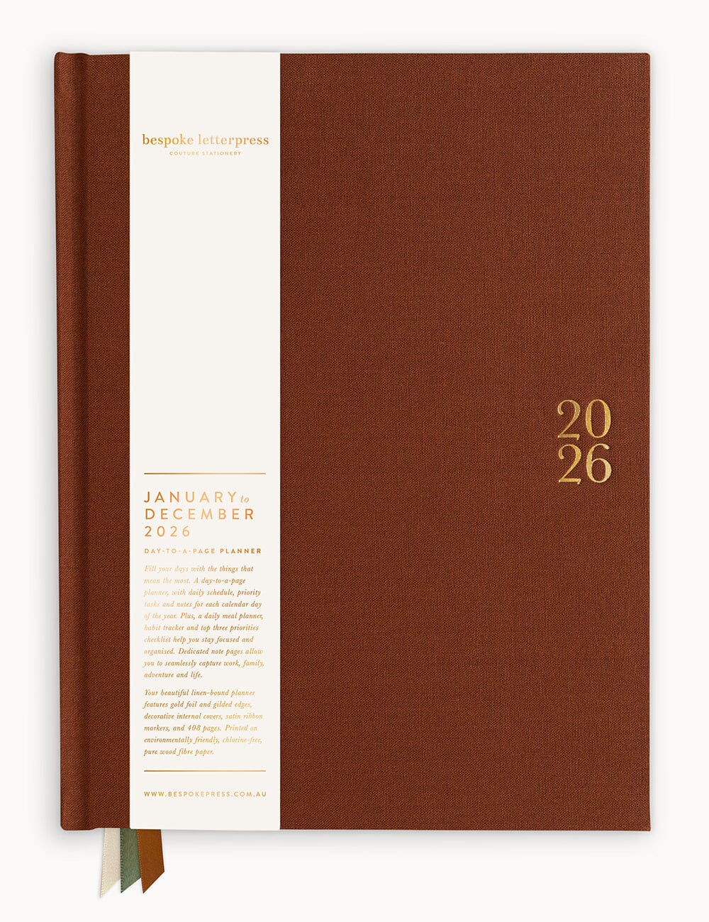 2026 Day to a Page Large Linen Bound Planner - Bronze Planners Bespoke Letterpress