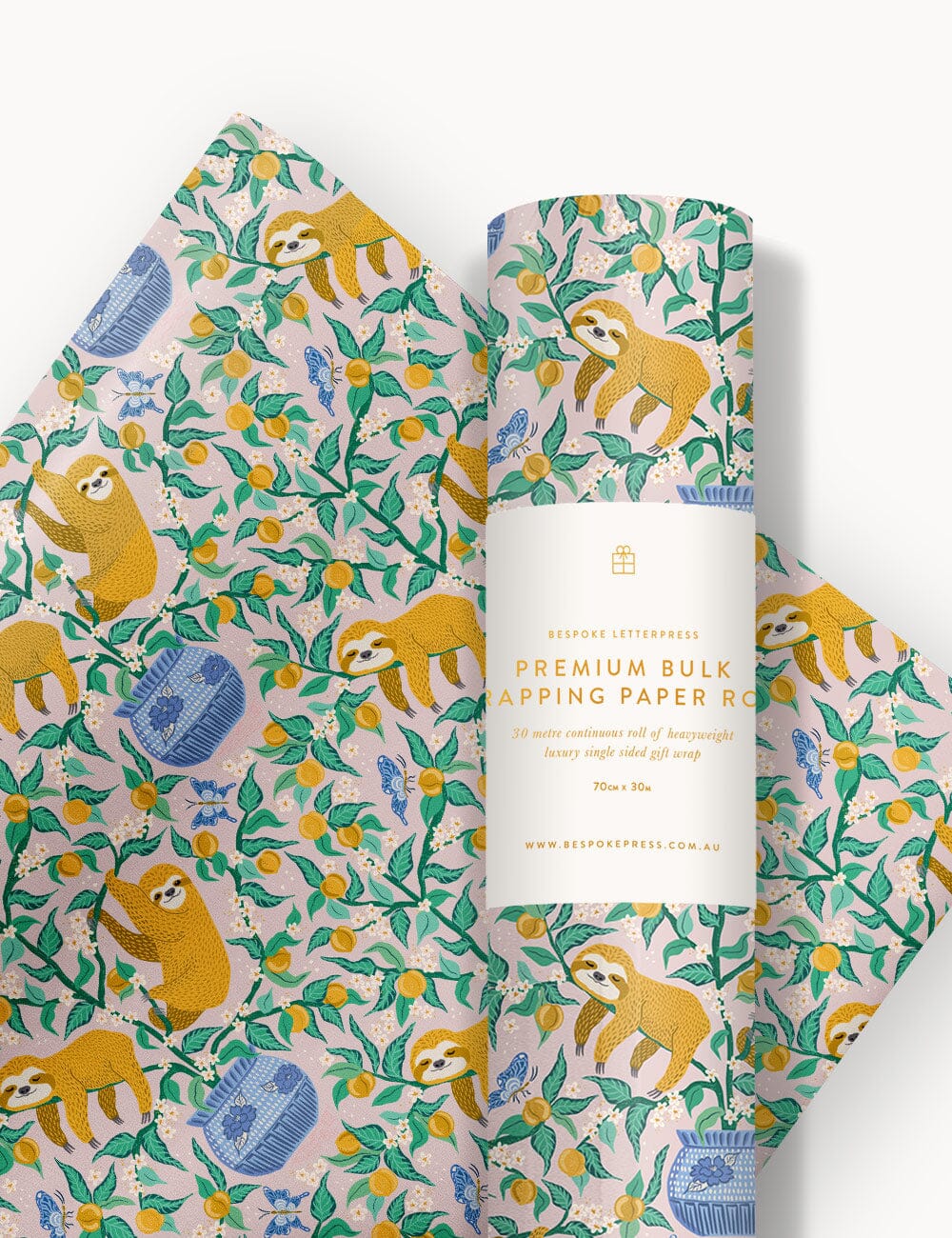 Gift Wrap Roll 30m - Sloth Gift Wrapping Bespoke Letterpress