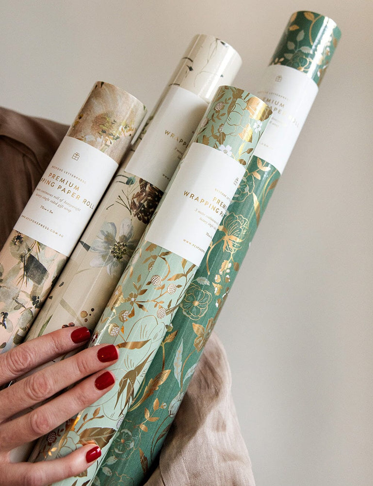 Gift Wrap Roll - Golden Garden (Mint with Gold Foil) Gift Wrapping Bespoke Letterpress 3m Roll 