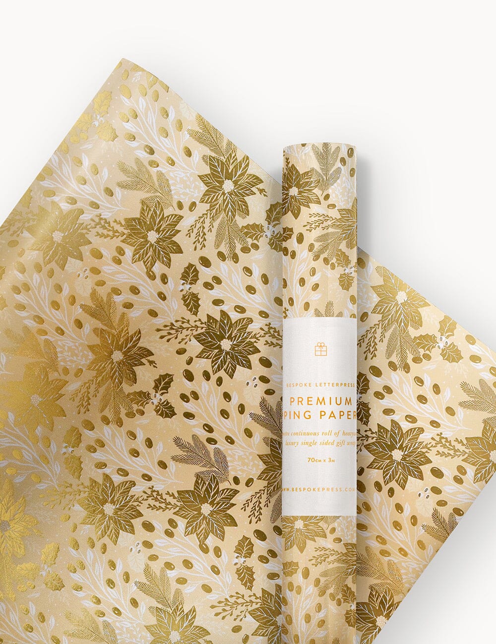 Gift Wrap Roll 3m - Christmas Holly (Champagne with Gold Foil) Gift Wrapping Bespoke Letterpress