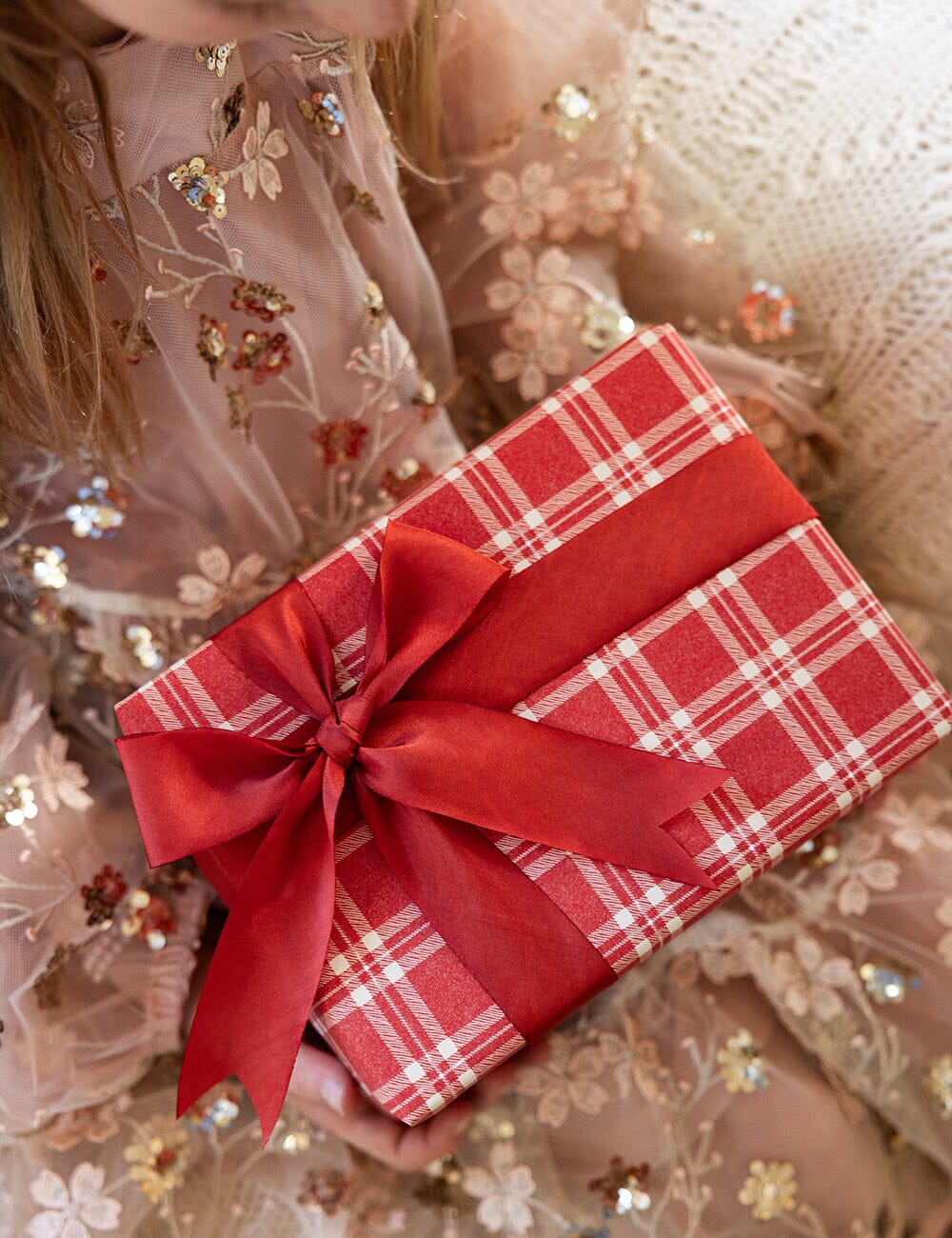 Gift Wrap Roll 3m - Christmas Red Check Plaid Gift Wrapping Bespoke Letterpress