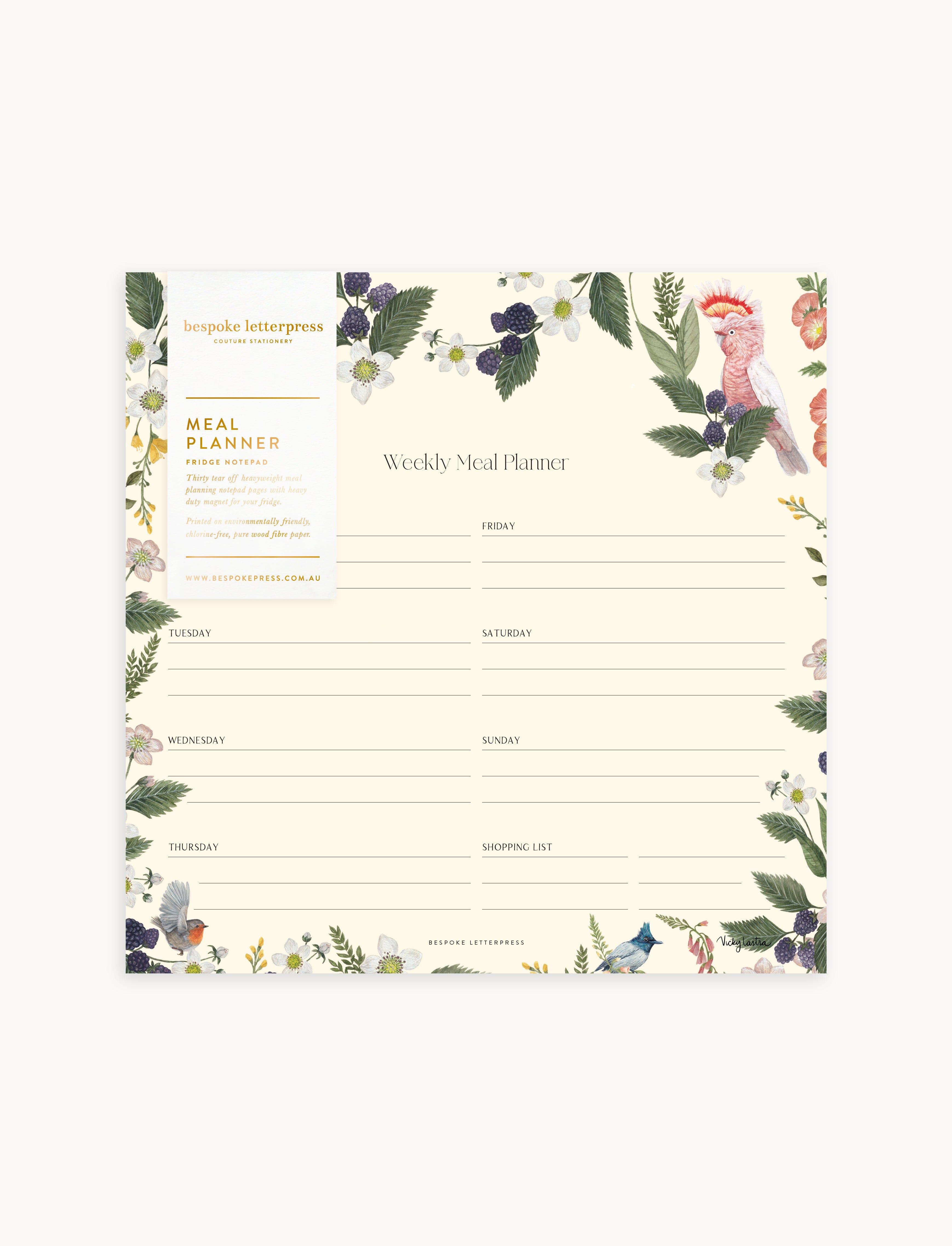 Flat lay of Bespoke Letterpress 'Meal Planner Notepad – Cockatoo' featuring botanical and bird illustrations, with a weekly layout and shopping list section on cream background.
