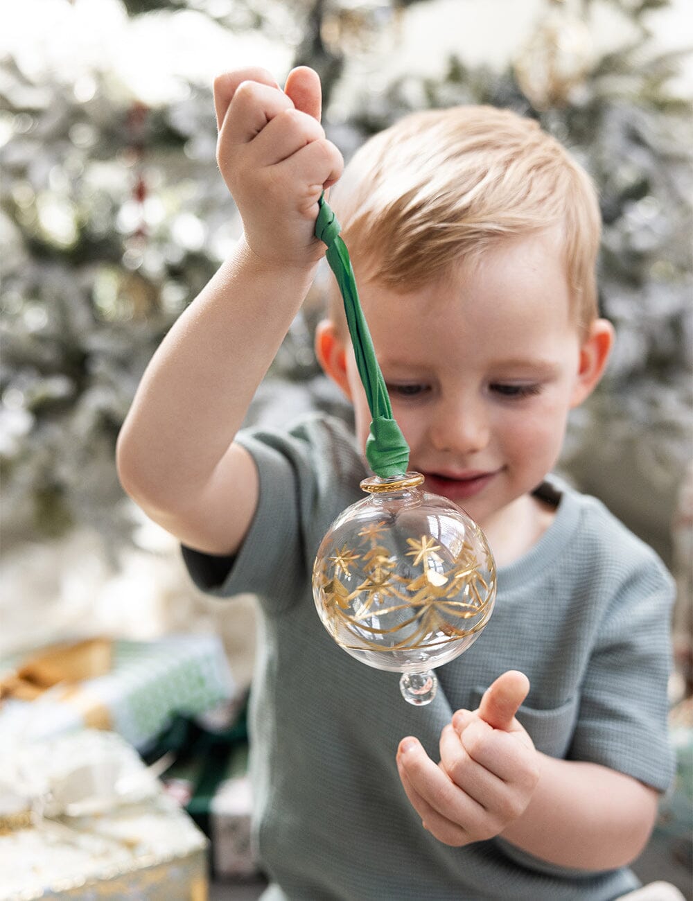 Ornament Glass Round Christmas Tree (Green Ribbon) Christmas Ornaments Bespoke Letterpress