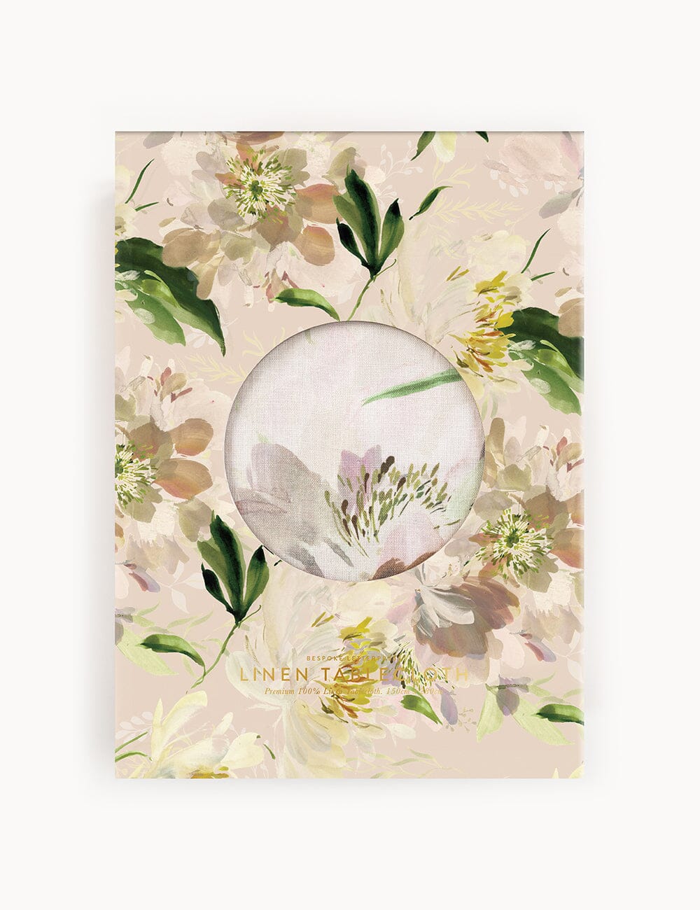 Peony Study linen tablecloth folded inside a floral keepsake gift box with gold foil details and a round window showcasing the elegant linen fabric.