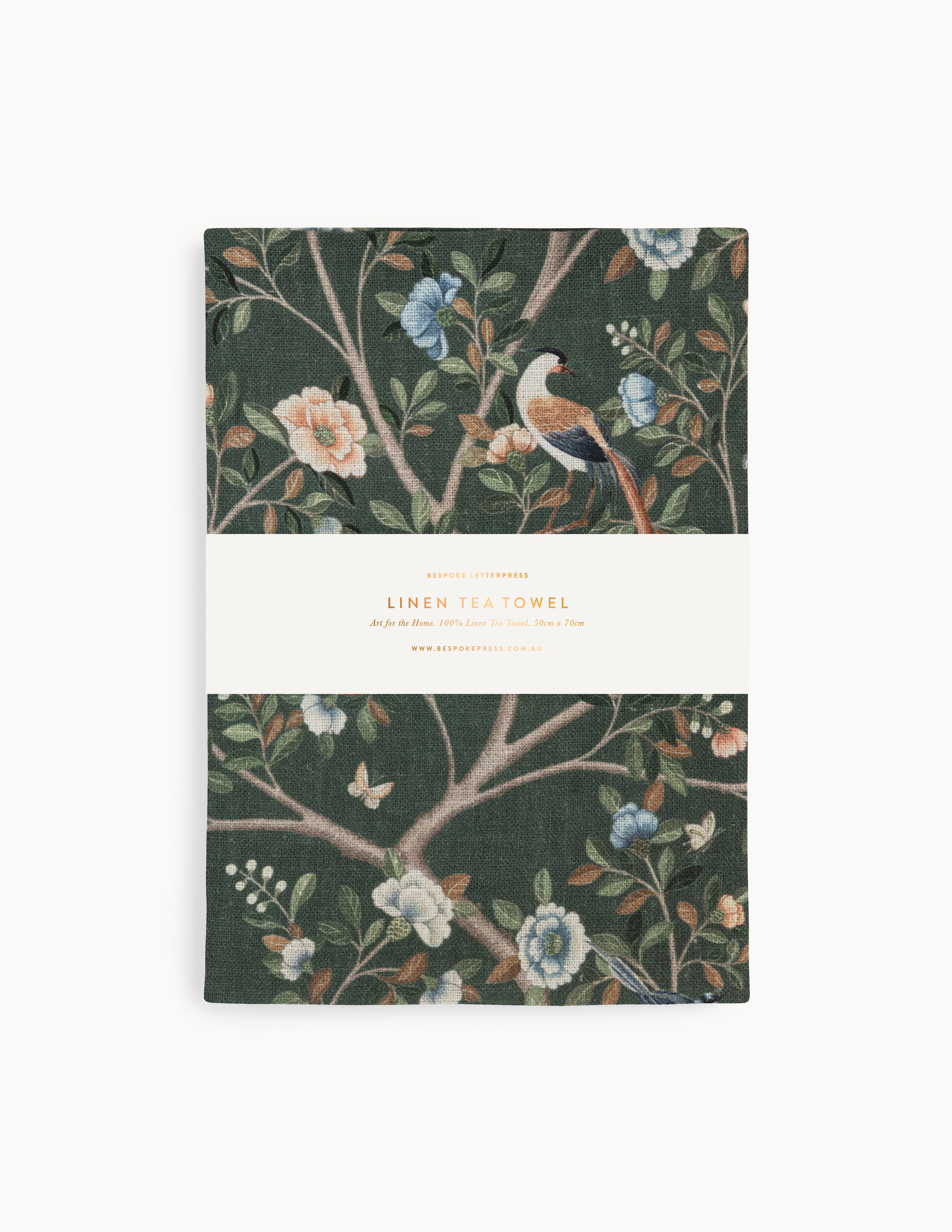 Olive Camellia Tree 100% Linen Tea Towel