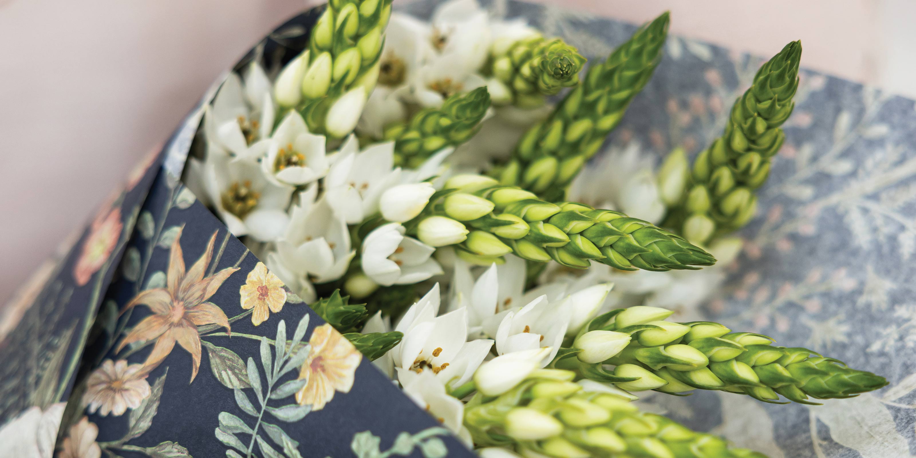 Green asparagus spears and white flowers wrapped on bespoke letterpress floral-patterned tissue paper.