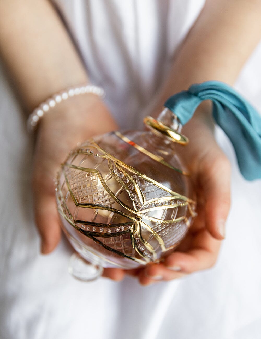 Ornament Glass Round Diamond (Teal Ribbon) Bespoke Letterpress