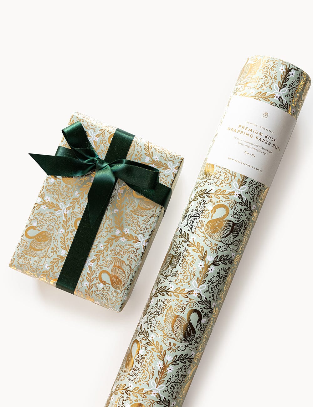 Gift Wrap Roll 30m - Golden Swans (Duck Egg Blue with Gold Foil)