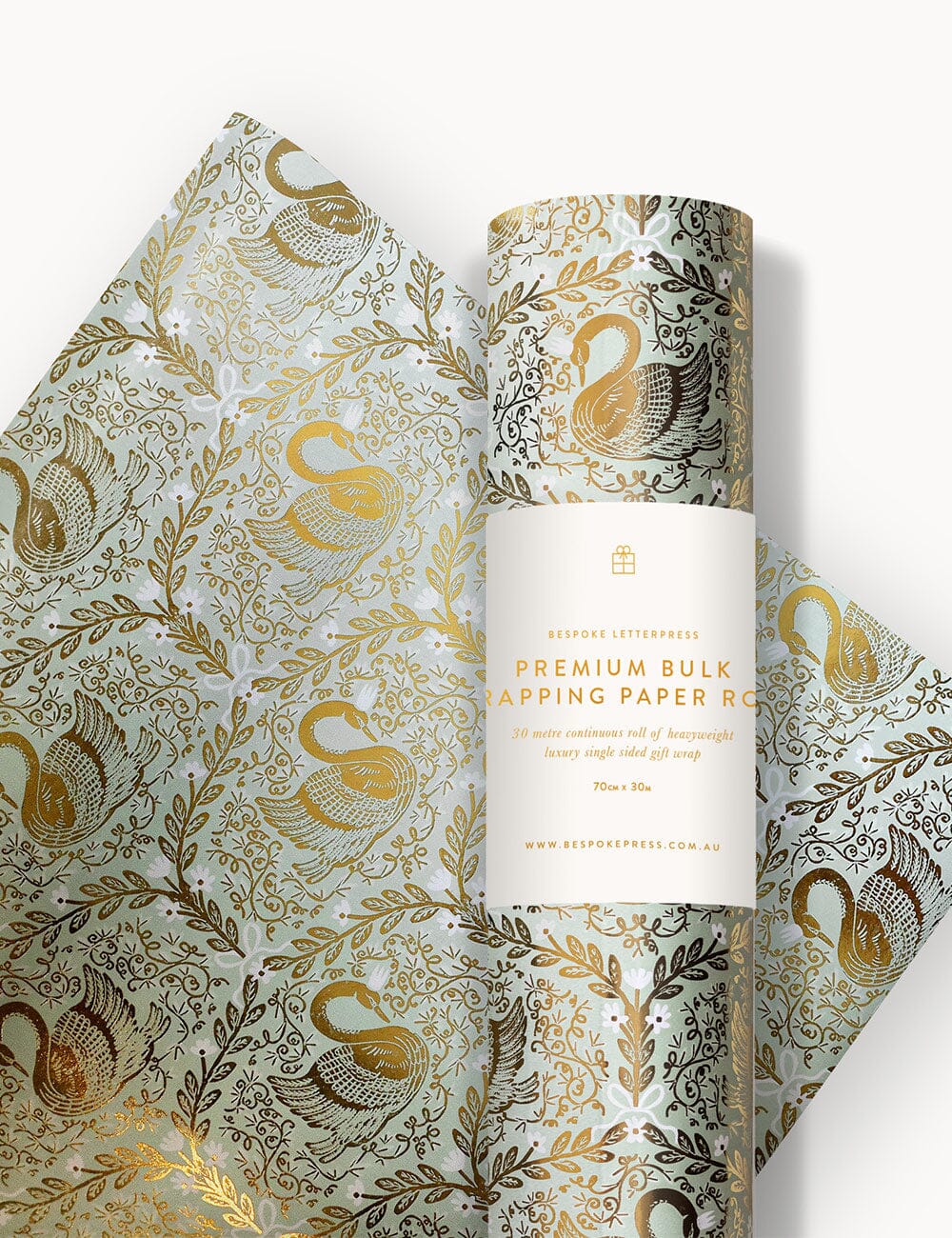 Gift Wrap Roll 30m - Golden Swans (Duck Egg Blue with Gold Foil)