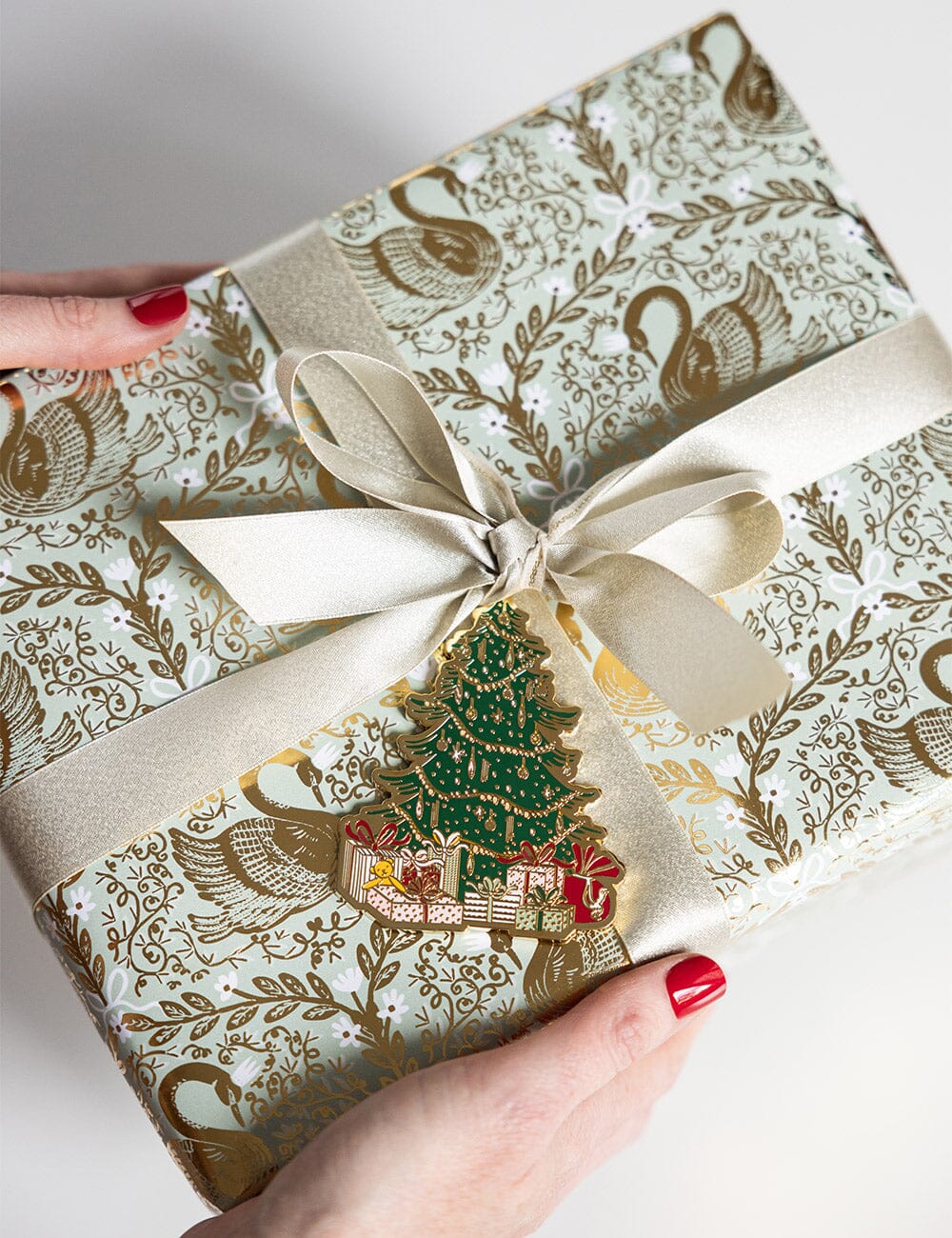 Gift Wrap Roll 30m - Golden Swans (Duck Egg Blue with Gold Foil)