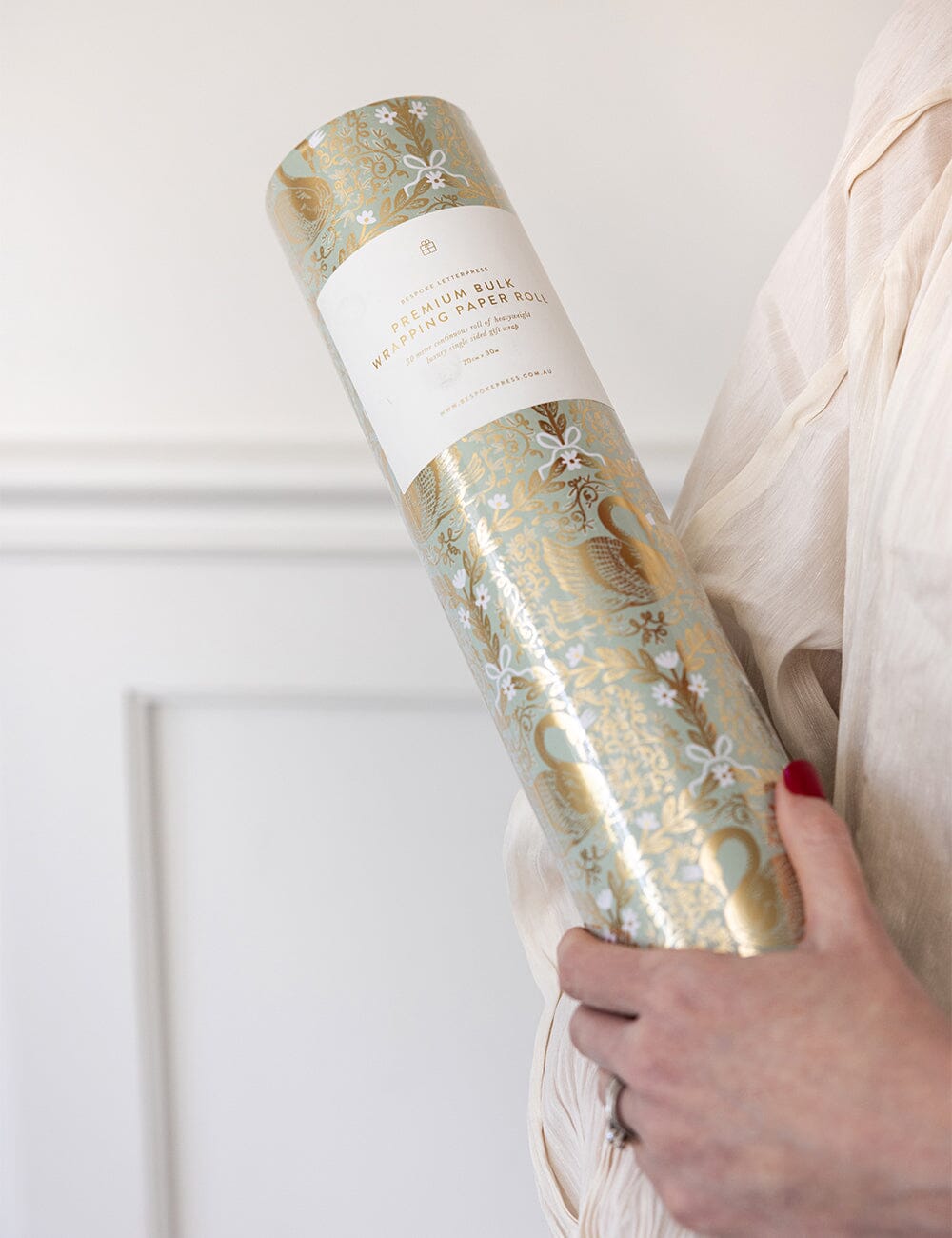 Gift Wrap Roll 30m - Golden Swans (Duck Egg Blue with Gold Foil)