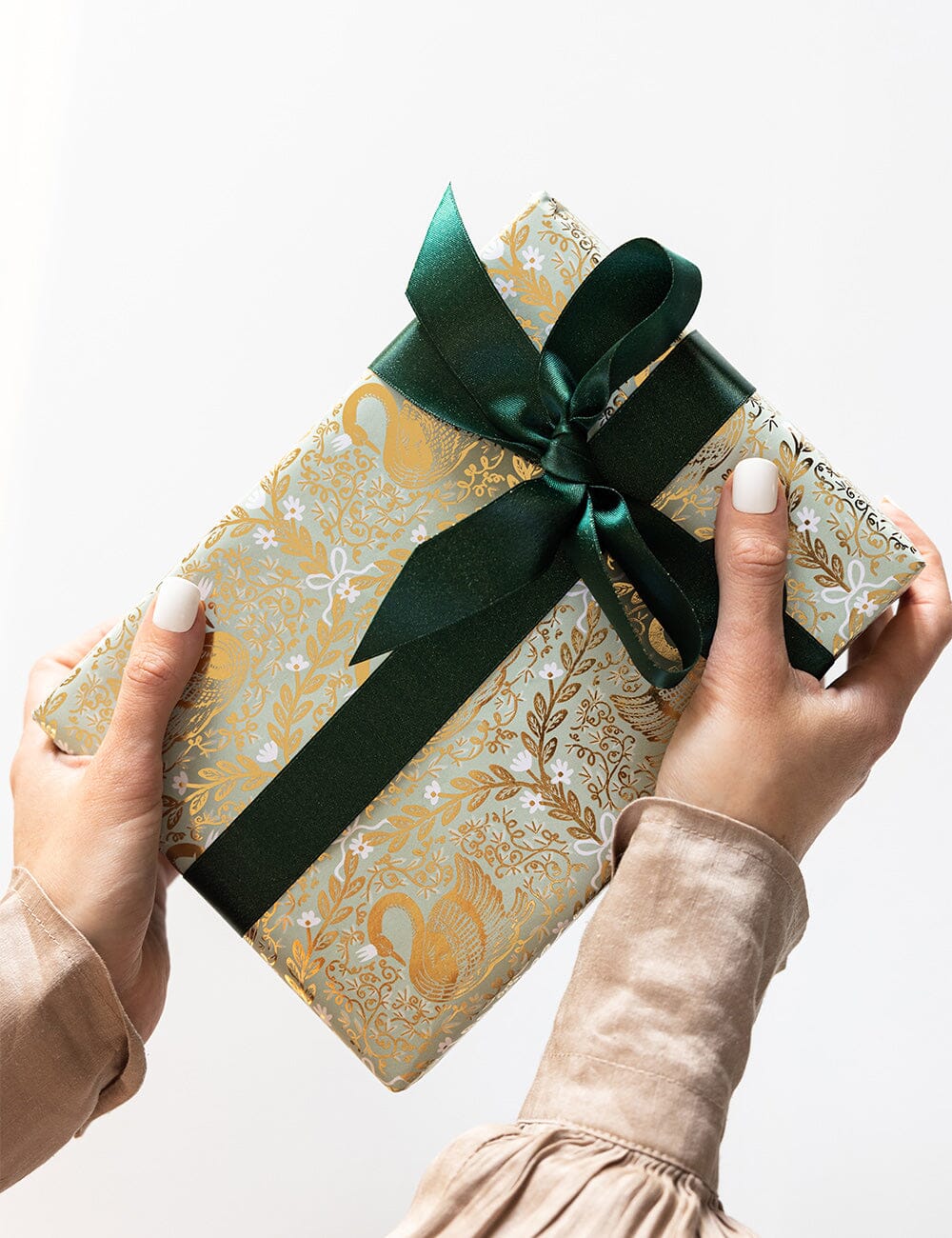 Gift Wrap Roll 30m - Golden Swans (Duck Egg Blue with Gold Foil)