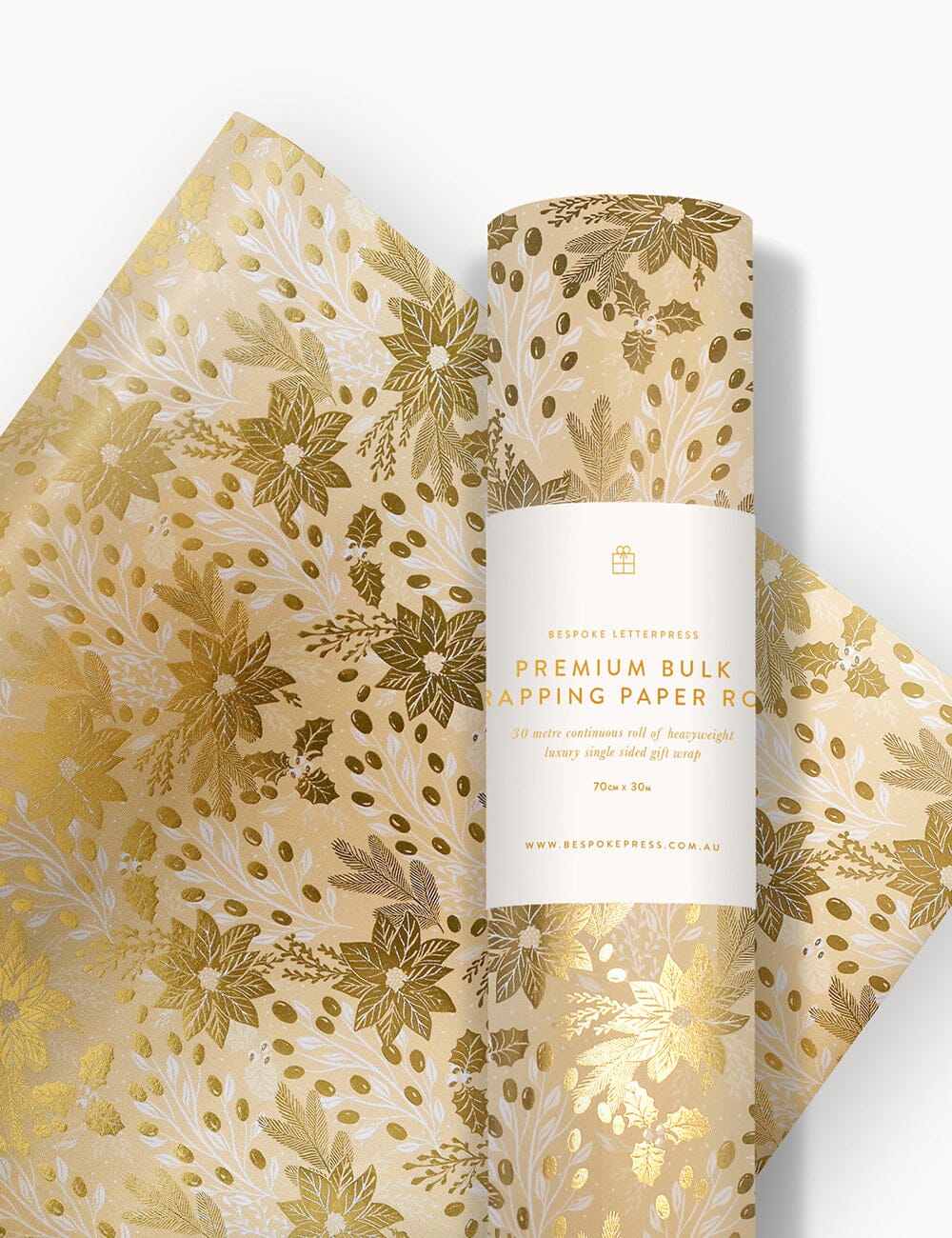 Gift Wrap Roll 30m - Christmas Holly (Champagne with Gold Foil)