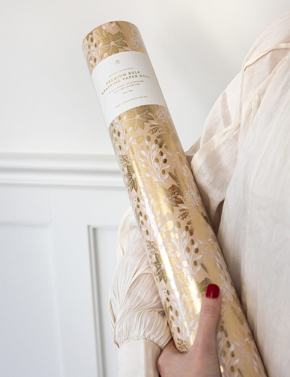 Gift Wrap Roll 30m - Christmas Holly (Champagne with Gold Foil)