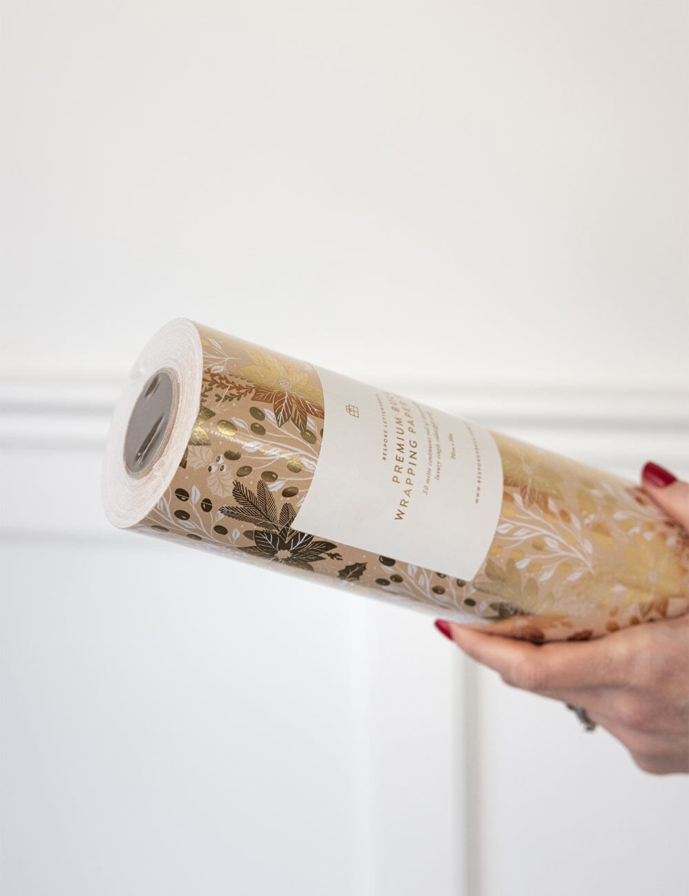 Gift Wrap Roll 30m - Christmas Holly (Champagne with Gold Foil)