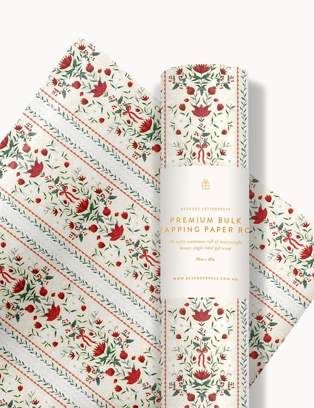 Gift Wrap Roll 30m - Festive Florals Gift Wrapping Bespoke Letterpress 