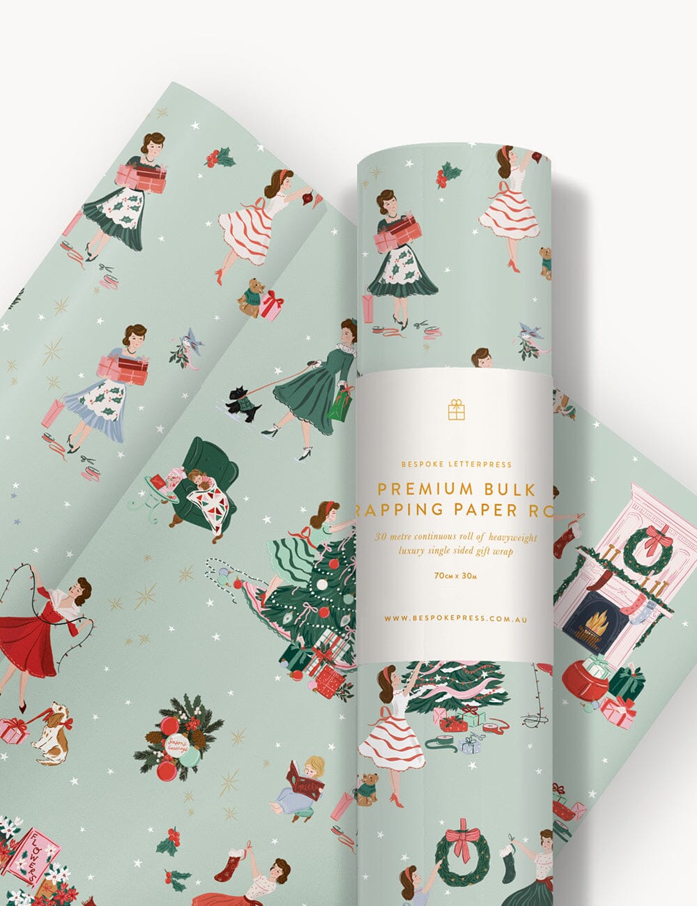 Gift Wrap 30m Roll - Christmas Ladies Gift Wrapping Bespoke Letterpress 