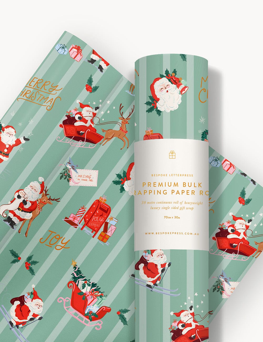 Gift Wrap 30m Roll - Christmas Santas Gift Wrapping Bespoke Letterpress 