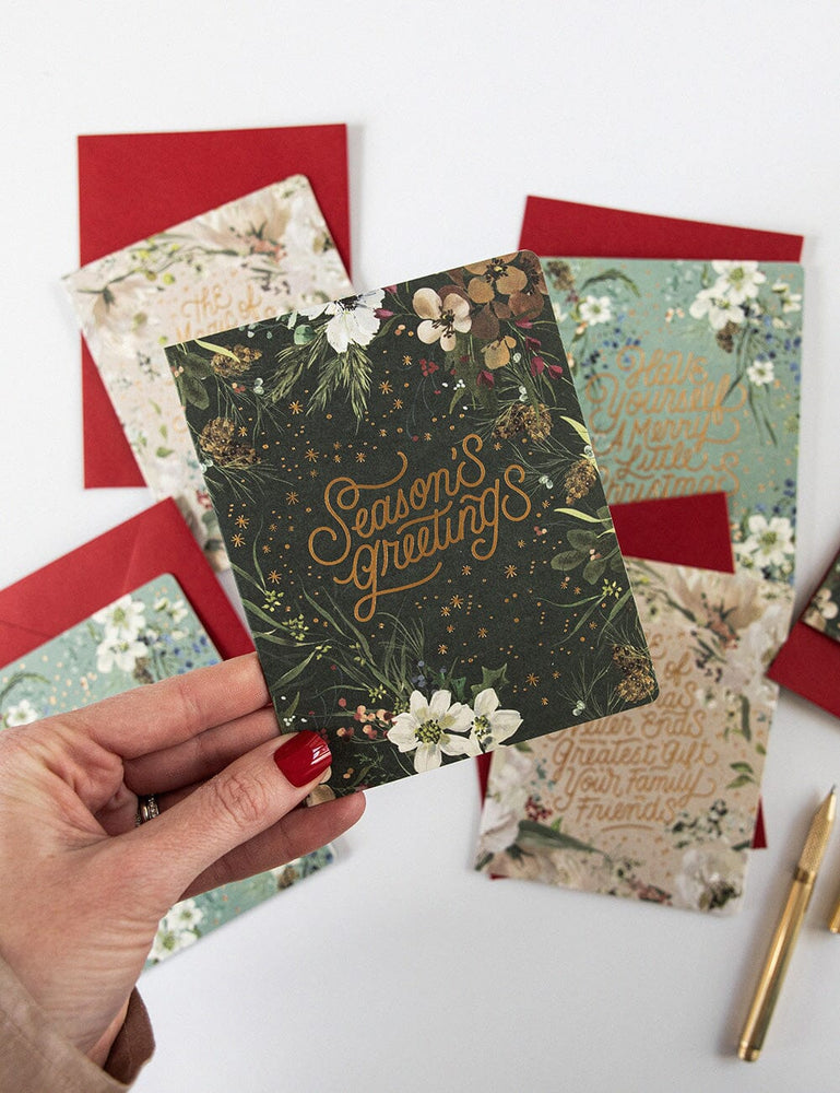 "Season's Greetings" Green Christmas Card Greeting Cards Bespoke Letterpress 
