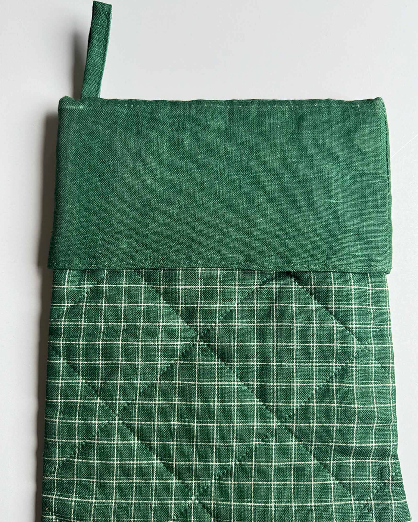 SECONDS/SAMPLE - Linen Christmas Stocking - Green Check Christmas Stocking Bespoke Letterpress 