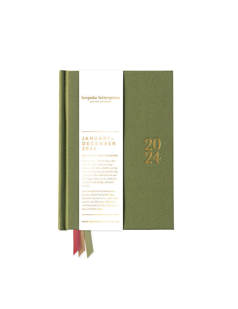 2024 Day to a Page Linen Bound Planner - Moss Green