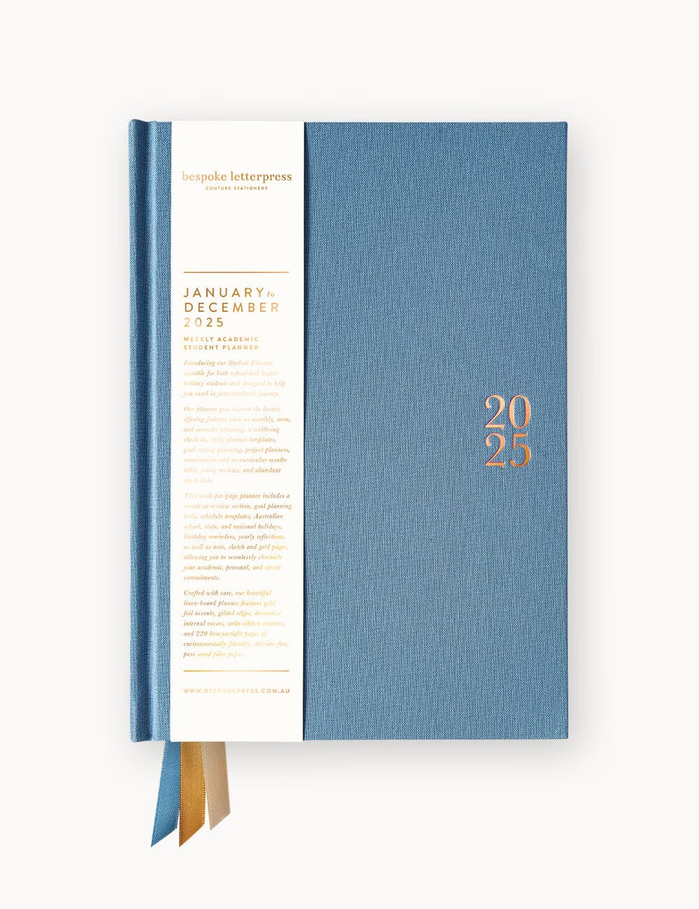 2025 Weekly Academic Student Linen Bound Planner - Cove Blue Planners Bespoke Letterpress 