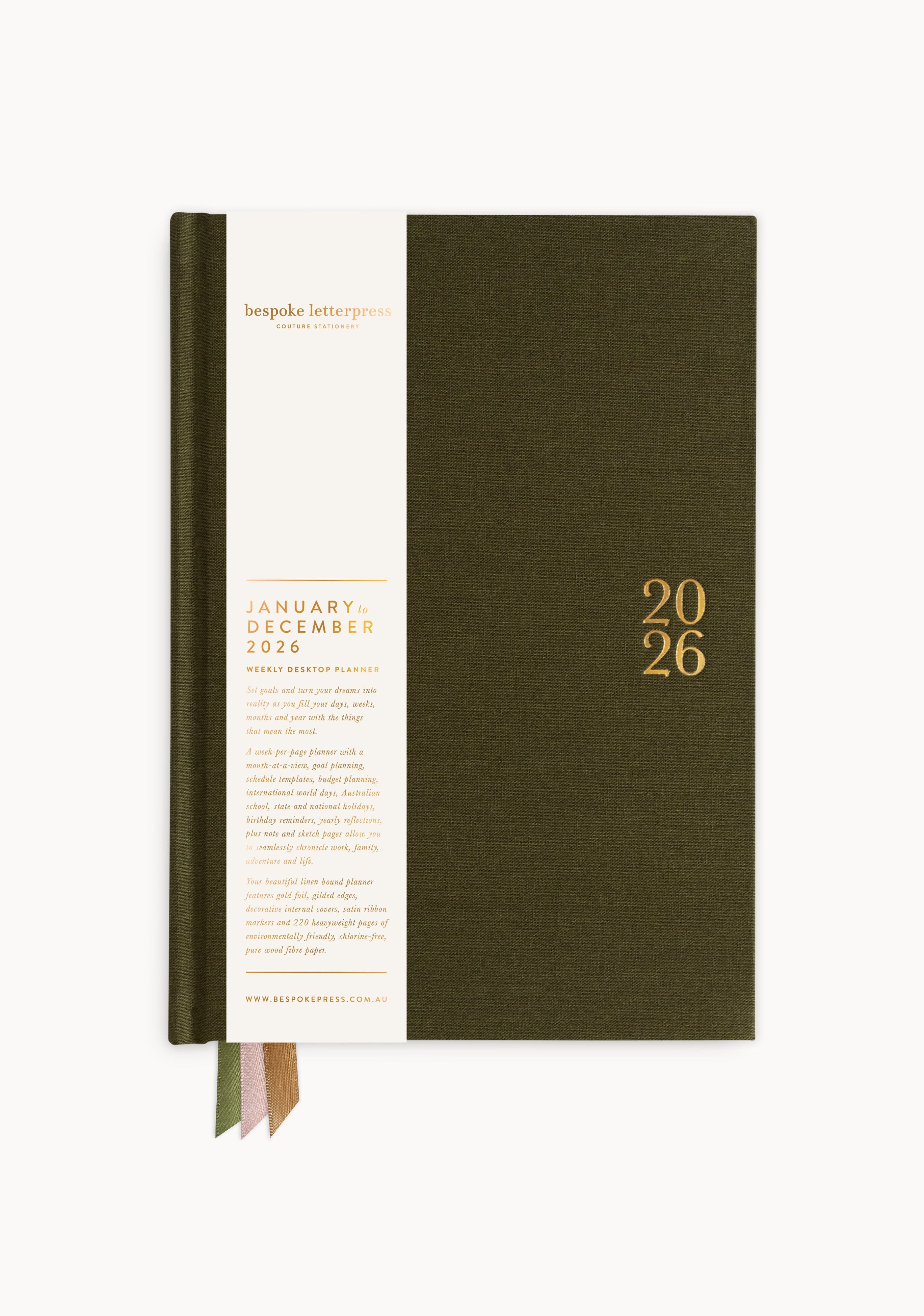 2026 Desktop Linen Bound Planner - Hunter Green Planners Bespoke Letterpress 