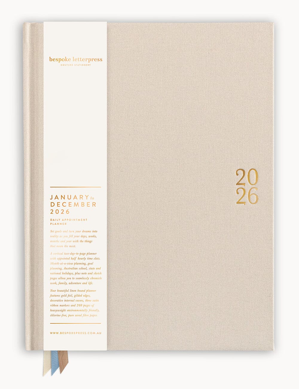 2026 Daily Vertical Appointment Planner - Sand Planners Bespoke Letterpress 