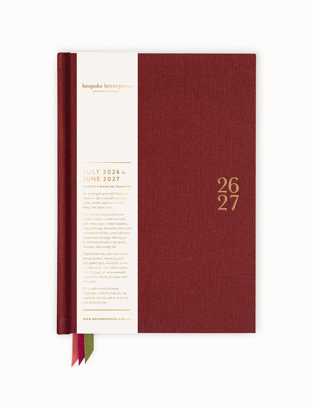 2026–2027 Weekly Financial Year Linen Bound Planner – Mulberry Planners Bespoke Letterpress 