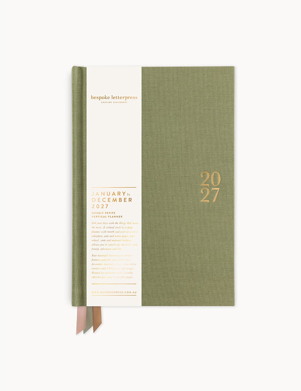 2027 Petite Vertical Planner - Laurel Green Planners Bespoke Letterpress 