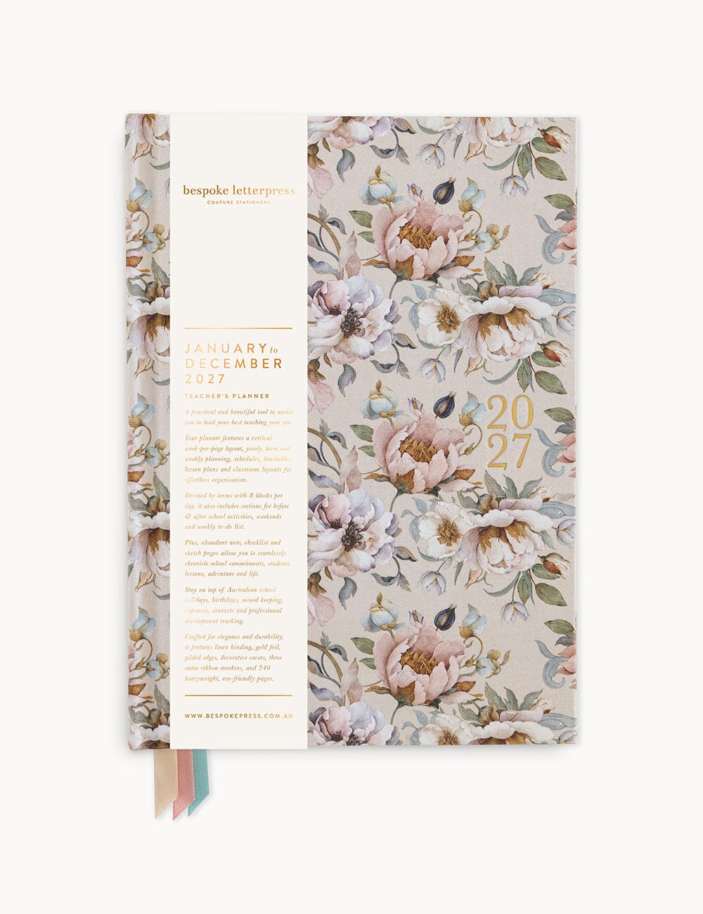2027 Teachers Desktop Planner - Ashbourne Garden Cream Planners Bespoke Letterpress 