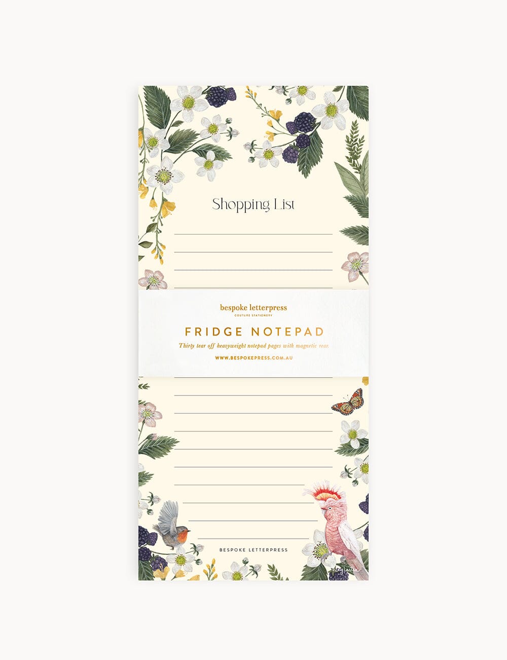 Cockatoo Shopping List DL Notepad featuring native bird illustration, gold foil detailing, and magnetic backing for fridge display