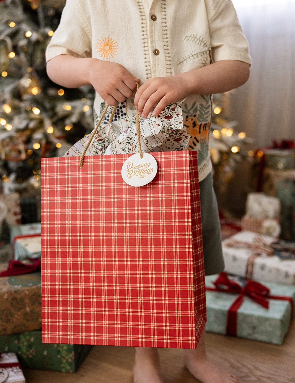 Large Gift Bag - Christmas Red Check Gift Bag Bespoke Letterpress 