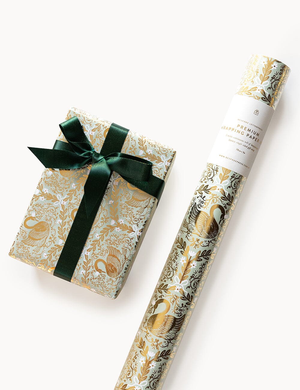 Gift Wrap Roll 3m - Golden Swans (Duck Egg Blue with Gold Foil)