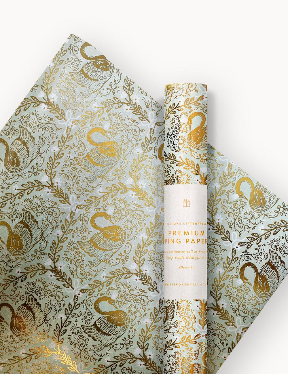 Gift Wrap Roll 3m - Golden Swans (Duck Egg Blue with Gold Foil)