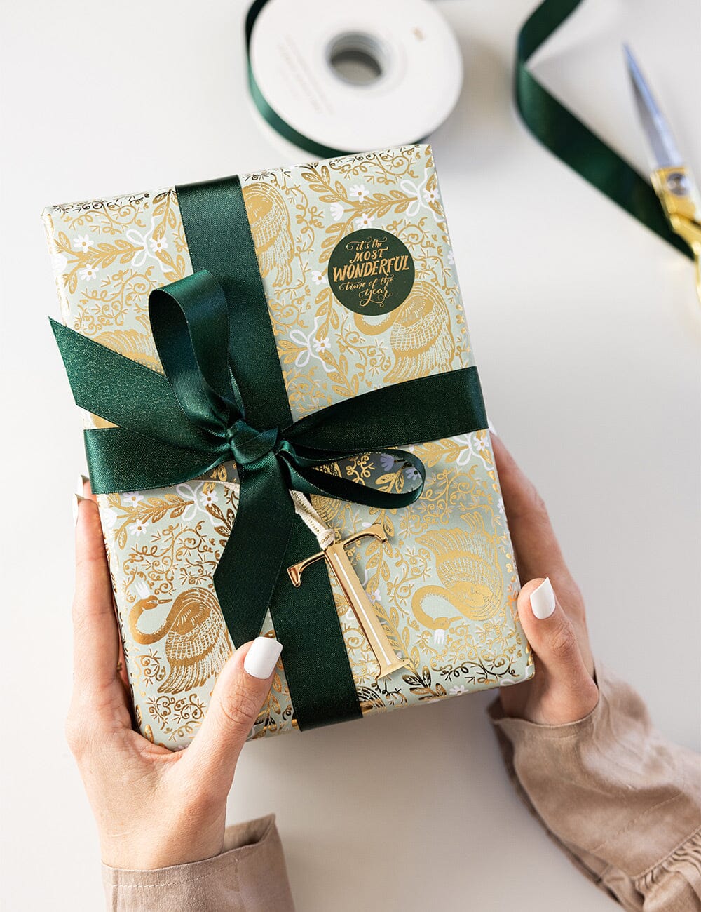 Gift Wrap Roll 3m - Golden Swans (Duck Egg Blue with Gold Foil)