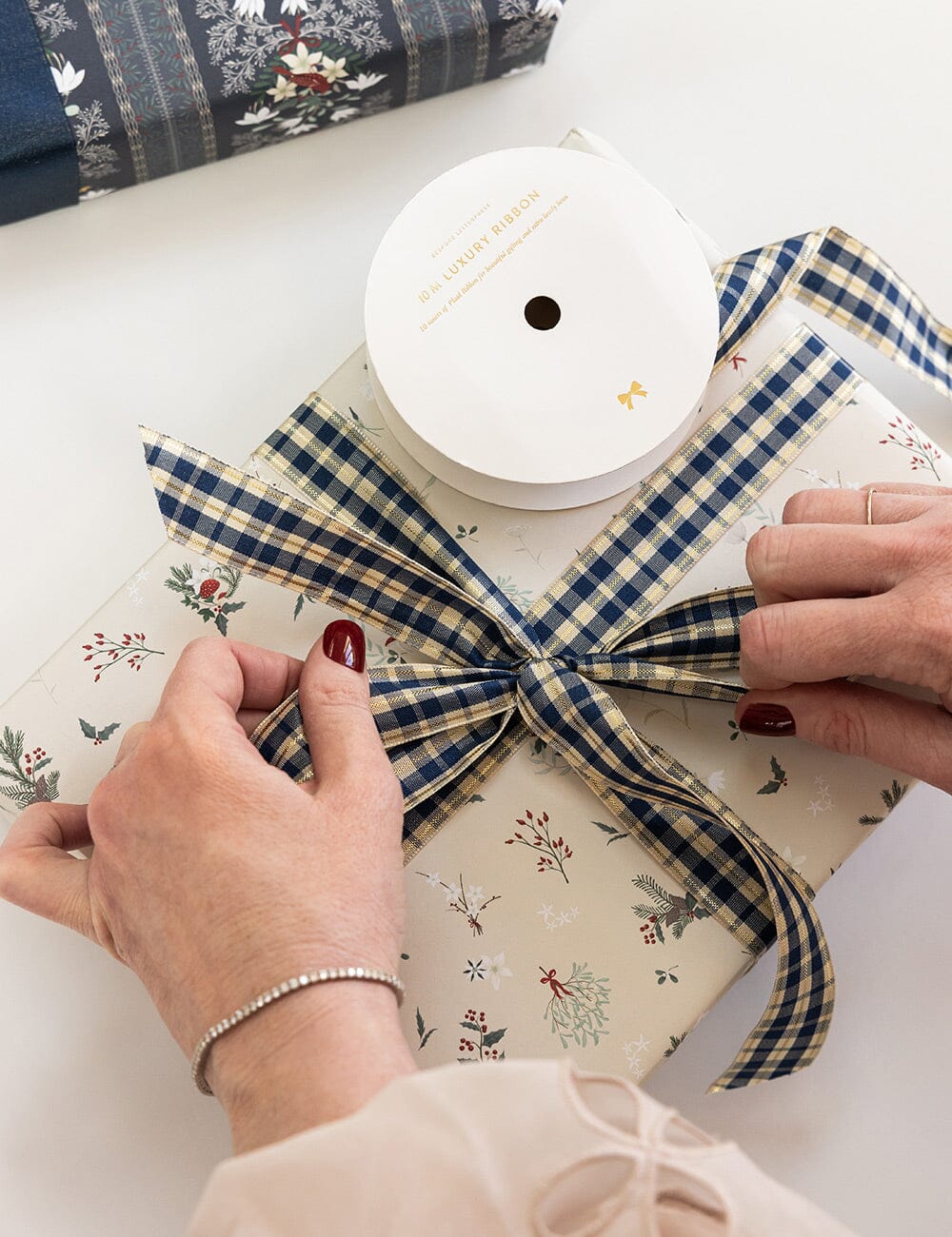 Navy and Gold Tartan Ribbon 10 Meters Ribbon Bespoke Letterpress 