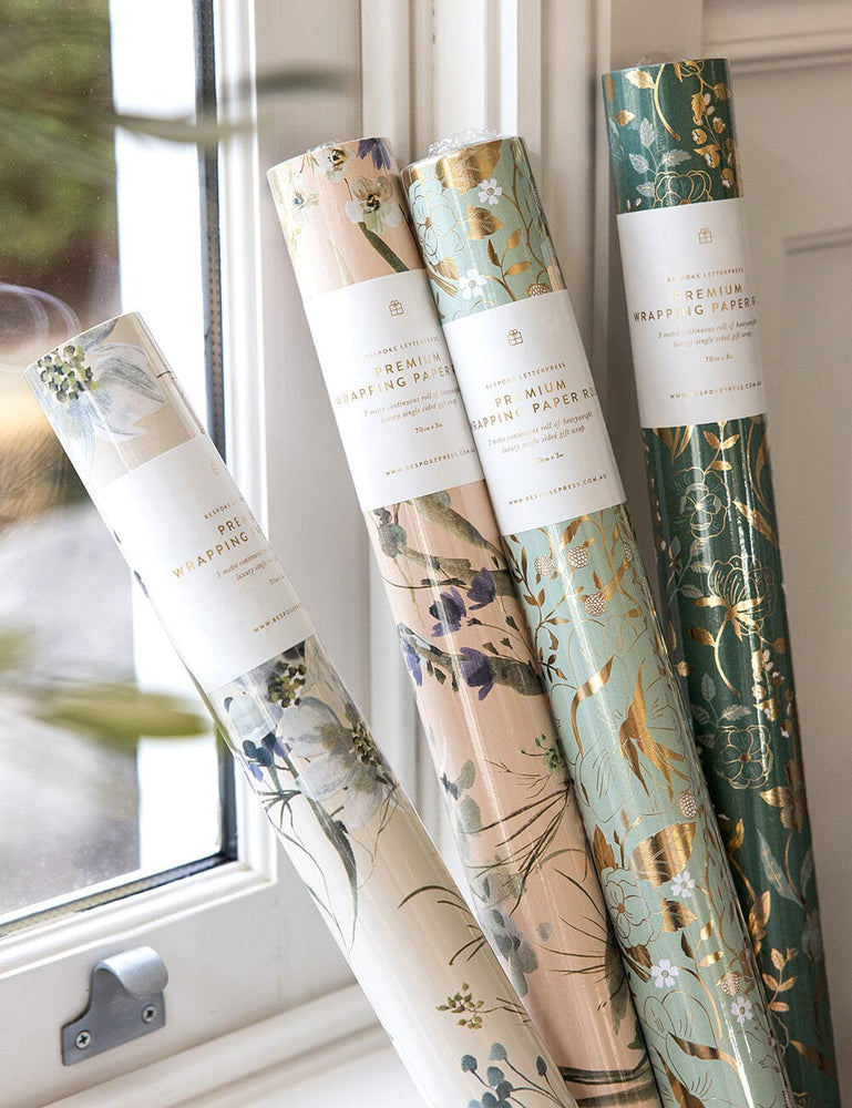 Gift Wrap Roll - Gilded Blooms (Green with Gold Foil) Gift Wrapping Bespoke Letterpress 3m Roll 