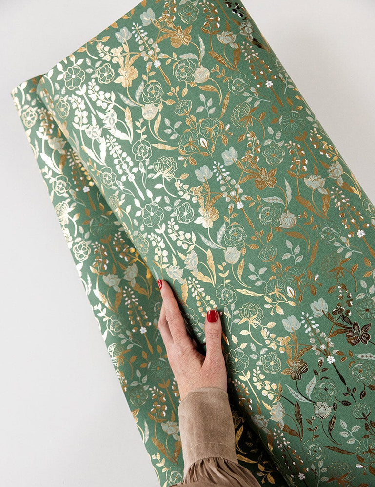 Gift Wrap Roll - Gilded Blooms (Green with Gold Foil) Gift Wrapping Bespoke Letterpress 30m Roll 