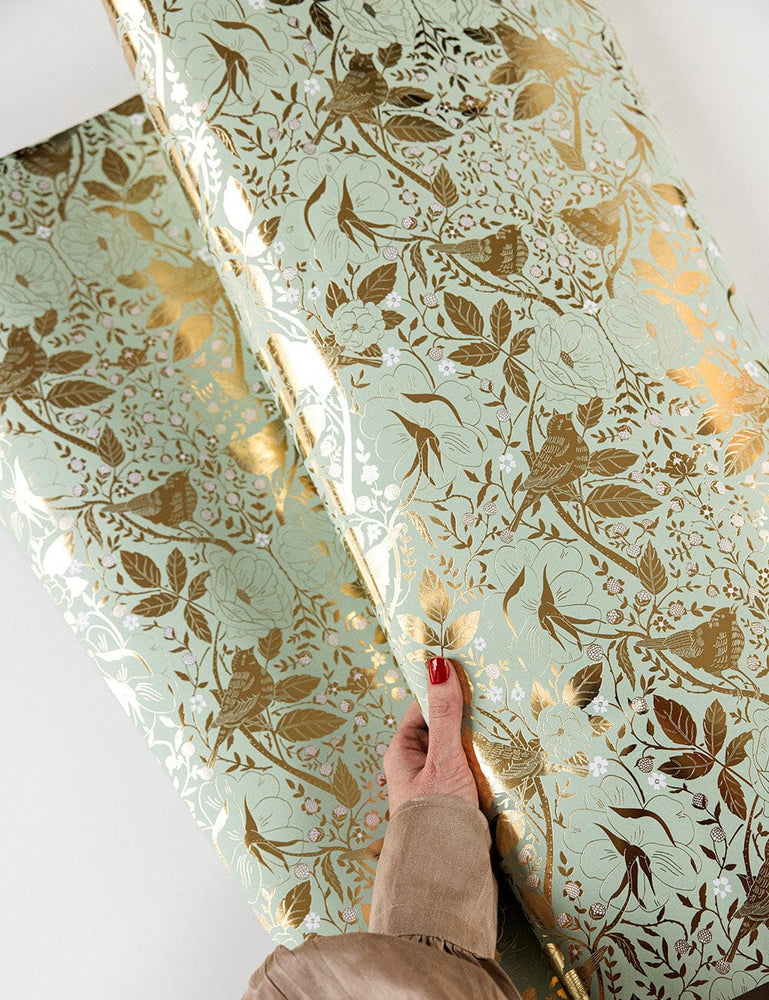 Gift Wrap Roll - Golden Garden (Mint with Gold Foil) Gift Wrapping Bespoke Letterpress 30m Roll 