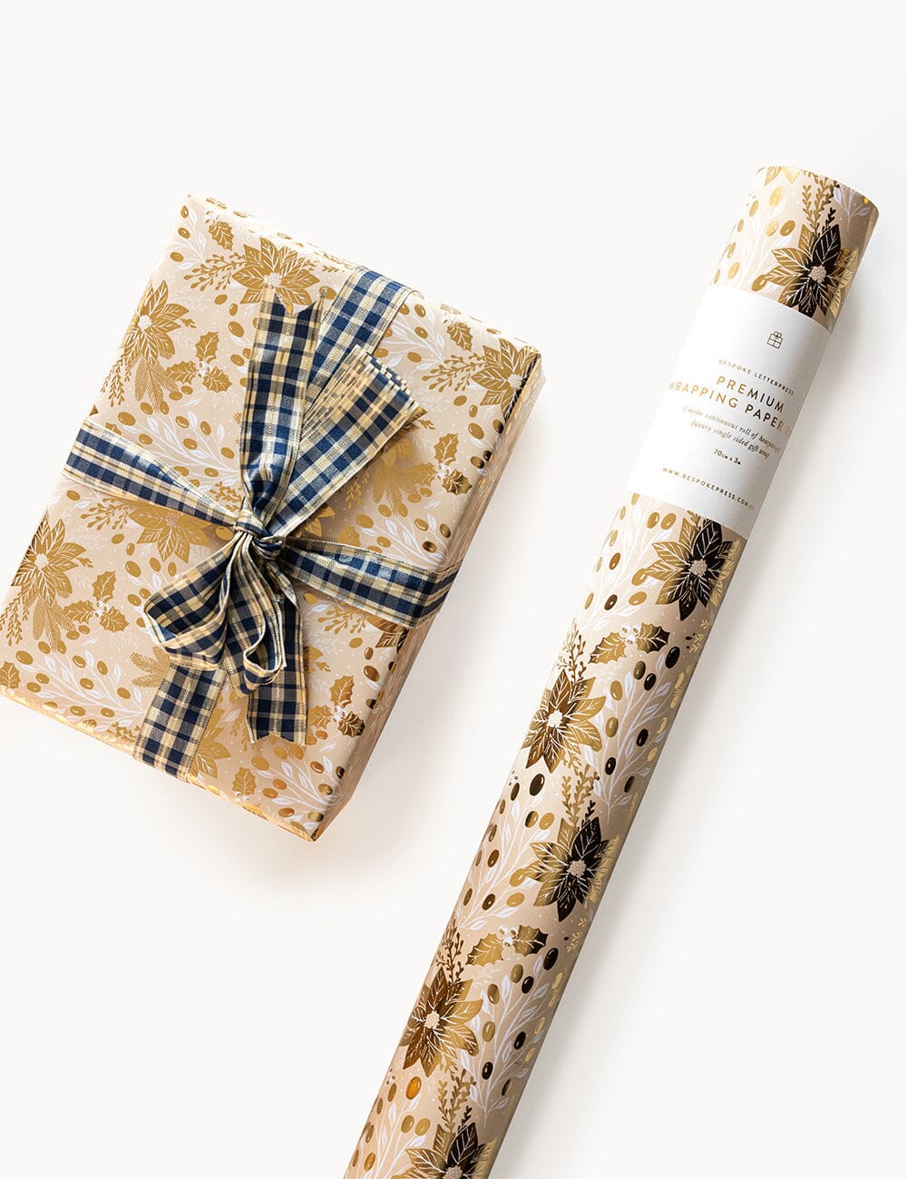 Gift Wrap Roll 3m - Christmas Holly (Champagne with Gold Foil)