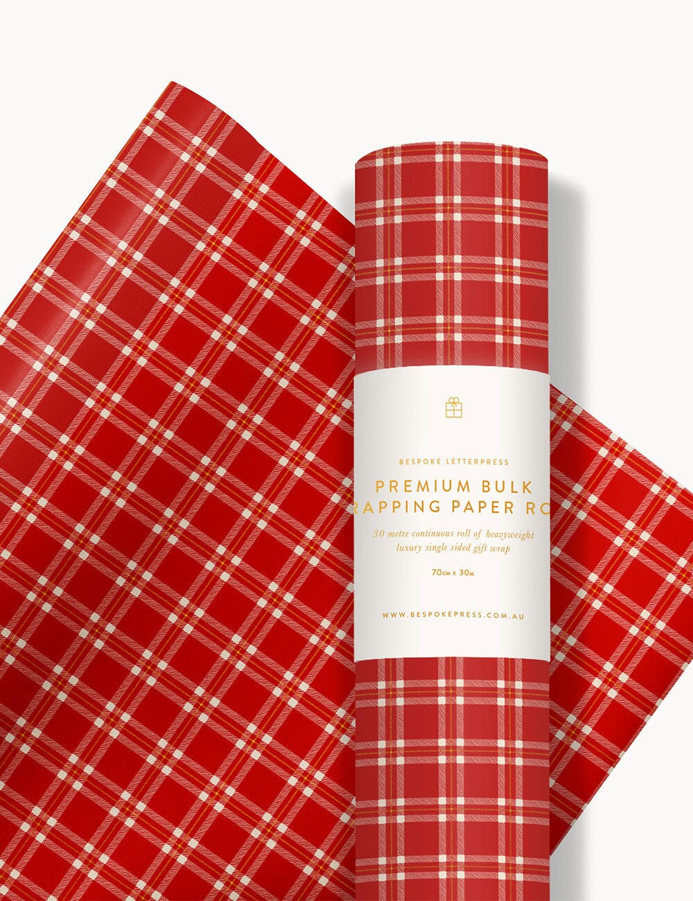 Gift Wrap Roll 30m - Christmas Red Check Plaid Gift Wrapping Bespoke Letterpress 