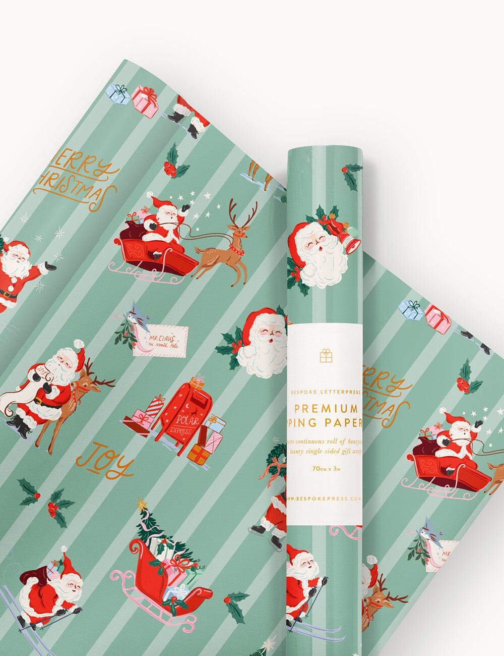 Gift Wrap 3m Roll - Christmas Santas Gift Wrapping Bespoke Letterpress 