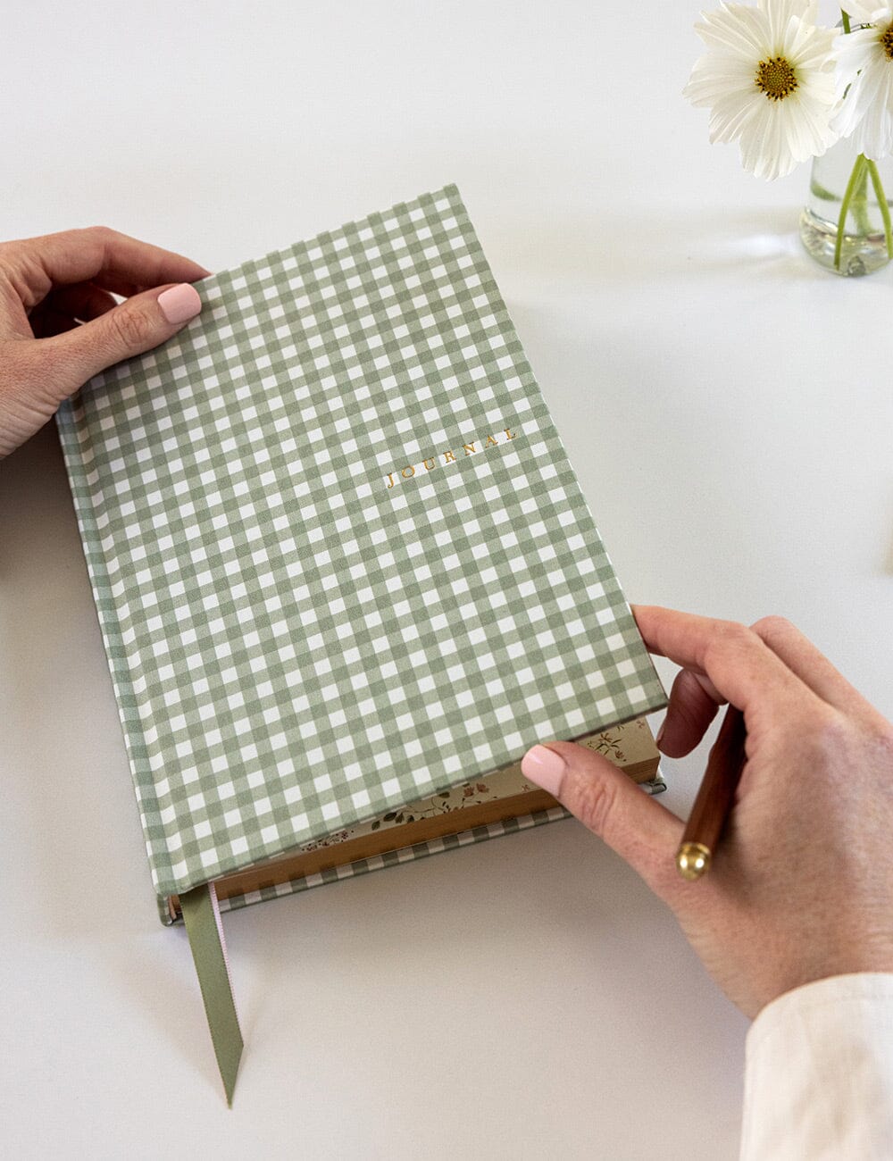 Linen Bound Journal - Sage Check (Lined Journal)