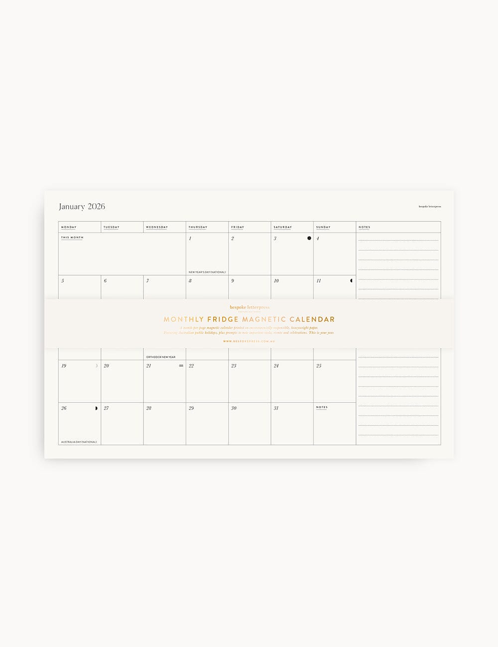 2026 Monthly Fridge Magnetic Calendar Calendars Bespoke Letterpress 