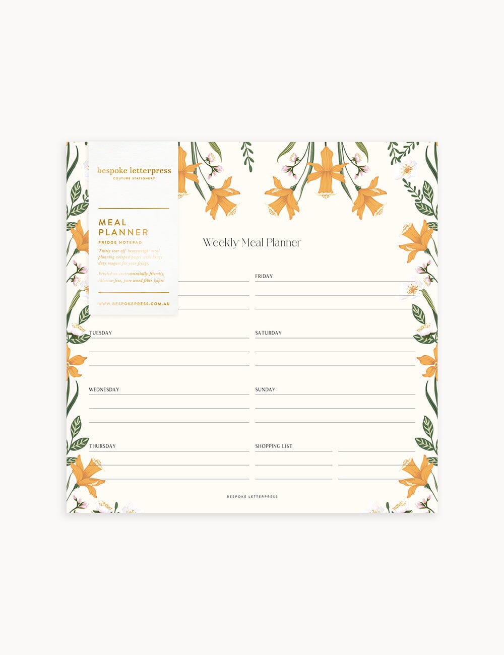 Meal Planner Notepad - Daffodil Notebooks Bespoke Letterpress 