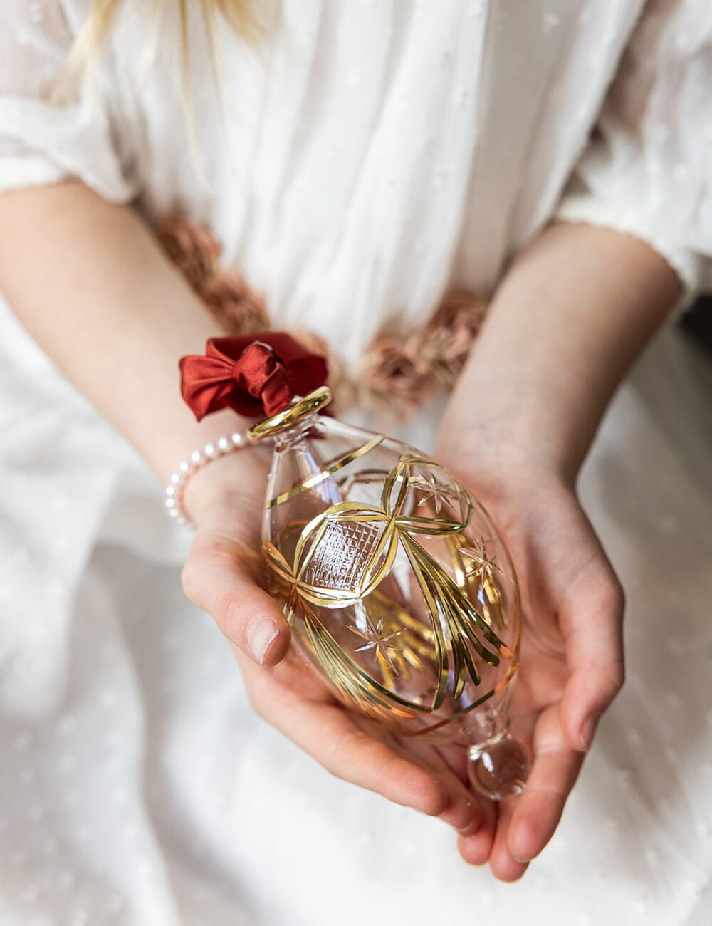 Ornament Glass Tear Drop Tassel (Red Ribbon)