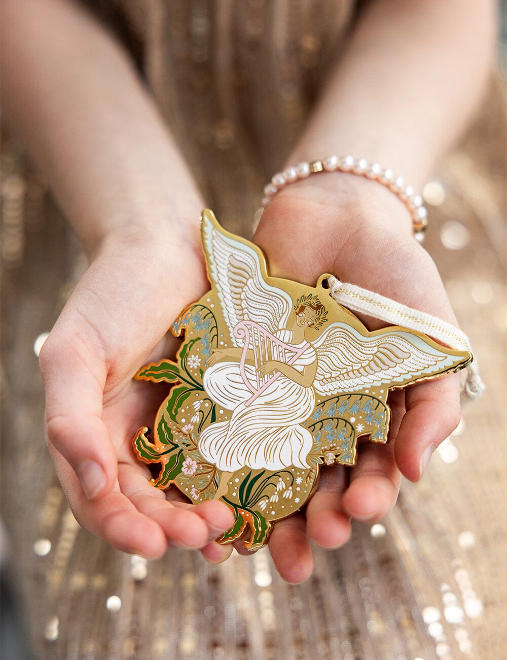 Fine Enamel Christmas Ornament - Angel with Harp