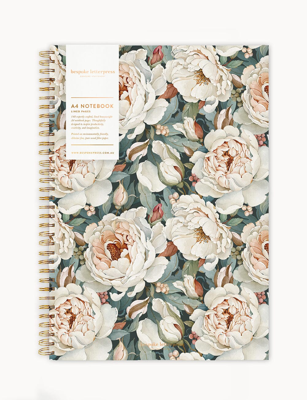 Ringbound A4 Notebook - Regency Blooms Notebooks Bespoke Letterpress 
